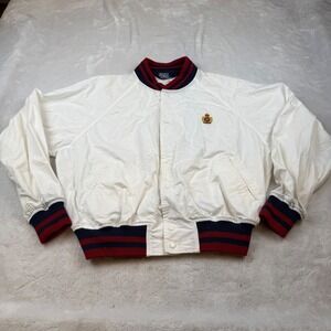 Vintage Polo Ralph Lauren White Cotton Crest Bomber Jacket Mens Large Varsity
